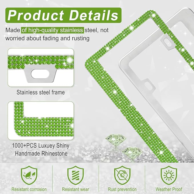 Amiss Bling License Plate Frame for Women, 2Pack Rhinestone Handcrafted Crystal Premium Stainless Steel, Stainless Steel Car Decorative Accessories with Diamond Sparkle Glitter Caps (Green)