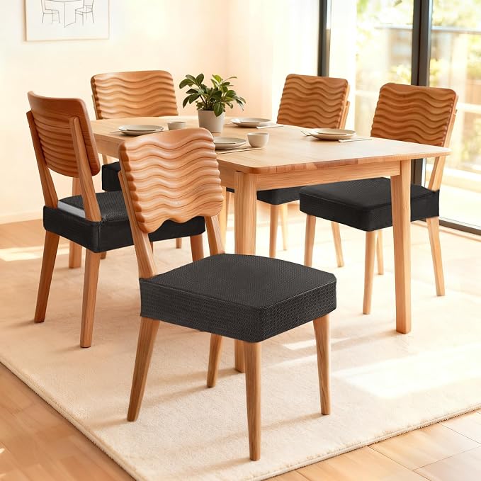 Songrey Waterproof Chair Covers for Dining Chairs, Set of 6, Black | No Rear Seat Covers for Dining Room , Chair Protector Slipcover, Stretch Removable Washable