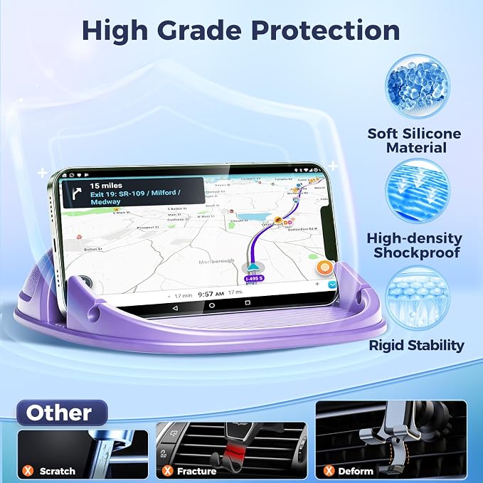 Loncaster Car Phone Holder, Car Phone Mount Silicone Car Pad Mat for Various Dashboards, Slip Free Desk Phone Stand Compatible with iPhone, Samsung, Android Smartphones, GPS Devices More (Purple)