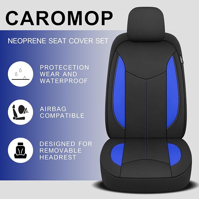 CAROMOP Neoprene Car Seat Cover 2 Front Seats, Waterproof Seat Covers for Cars, Universal Fit for Most Car Interior Covers-Sedan Truck SUV(Black/Blue)
