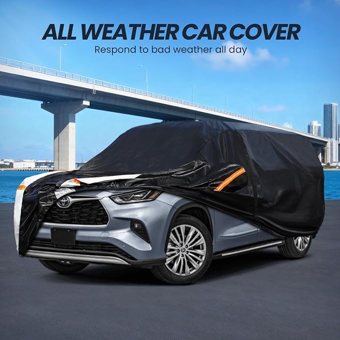 Multi-Layer Car Cover Custom Fit for Toyota Highlander(2001-2026), 100% Waterproof All Weather for Automobiles, Gift with Towel, Heavy Duty Car Covers for Rain Sun UV Protection with Door Zipper