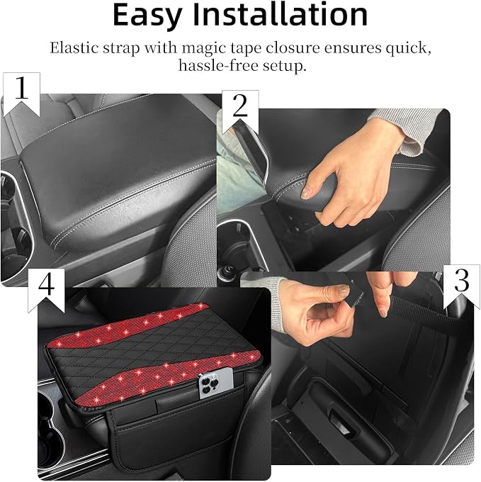 NBTEPEM Bling Car Center Console Cover, Leather Arm Rest Cover for Car with 2 Storage Bags, Universal Car Middle Console Cover Diamond Car Accessories Interior Fit for Most Vehicles, Red Diamond