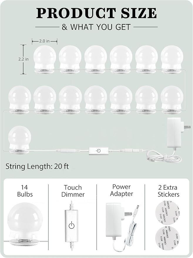 Waneway 14 Bulb Vanity Lights for Mirror, Plug-in Power Adapter & Touch Dimmer, 6,000K, 1350 Lumens (Mirror Not Included)