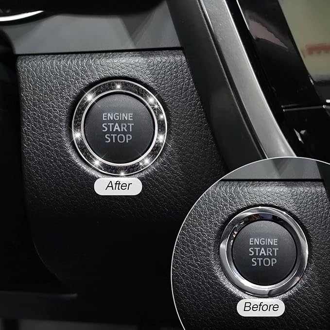 Bling Crystal Rhinestone Engine Start Ring Decals, 2 Pack Push Start Button Cover/Sticker, Key Ignition Knob Bling Ring, Sparkling Car Interior Accessories for Women (Black)