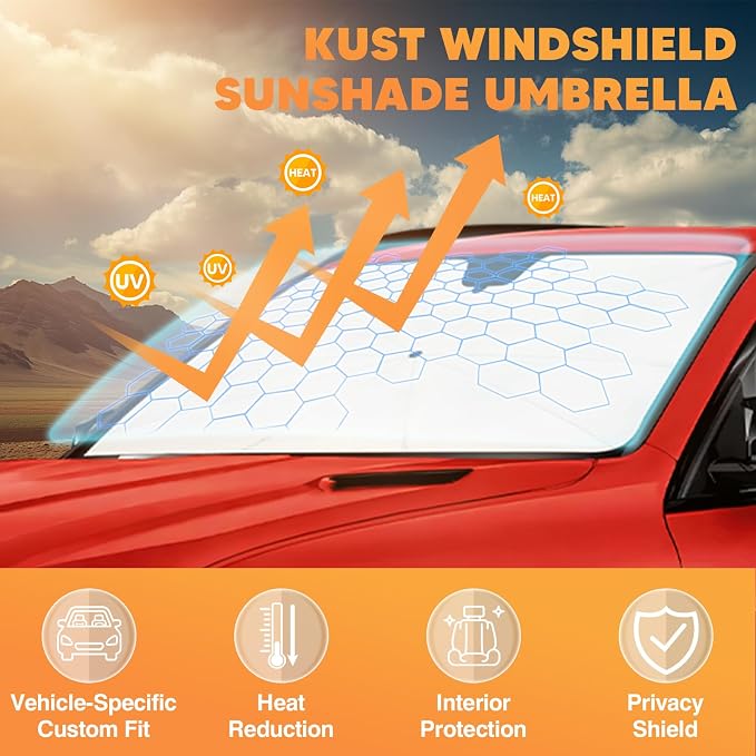 KUST Sun Shade Umbrella for Ford Ranger 2019-2025 2026 | Custom Fit Windshield Sunshade | Foldable Sunshade with Bendable Handle | Blocks Heat & UV Scratch Resistant Keep Car Cool Sunshield