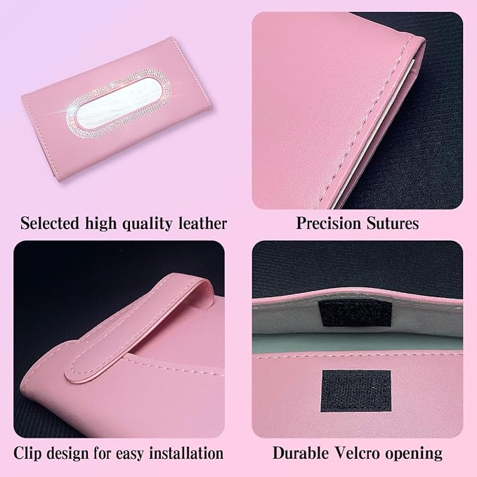 Bling Car Visor Tissue Holder, Diamond Mask Holder for Car Visor, PU Leather Tissue Box Holder,Wipes Case for Car Visor, Sun Visor Napkin Holder(Pink)