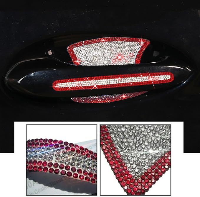 BetterJonny 10PCS Crystal Car Door Handle Scratch Protector, Rhinestone Bling Stickers for Women and Girls (Red+White)