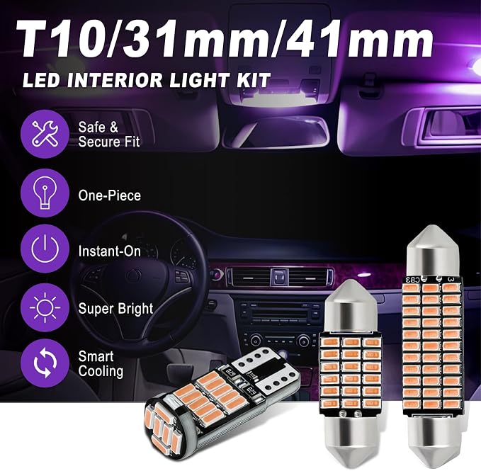 20 PCS Car LED Lights Interior Bulb Kit Set, T10 31mm 41mm LED Dome Lights Interior Replacement for Car Map, License Plate, Door, Side Marker, Cornering & Trunk Bulbs (Pink & Purple)