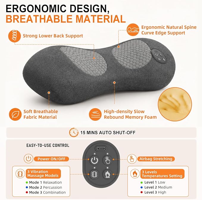 Upgraded 3-in-1 Triple Fusion Back Massager, Cordless Lumbar Support Pillow with Heat, Massage, Electric Stretch for Pain Relief, Lower Back Massager with 3000mAh Rechargable for Bed Office Chair Car