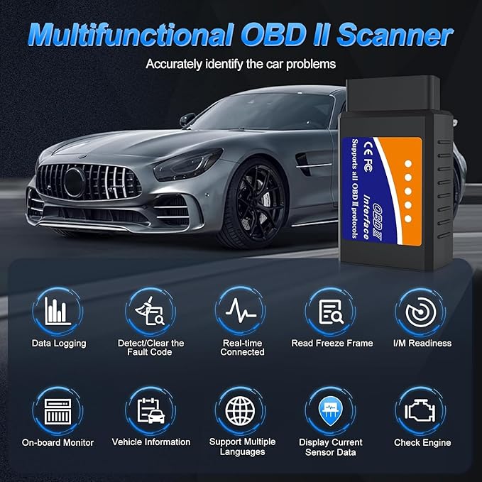 OBD2 Bluetooth Scanner for iPhone iOS Android Windows Car Code Reader Enhanced Auto Diagnostic Scan Tool Odb2 OBDII Adapter Check Engine Light Live Data Reset Vehicle Performance Test Exclusive APP