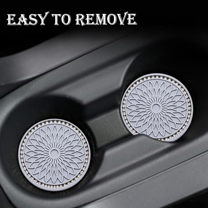2PCS Bling Car Cup Holder Coasters, 2.75 Inch Silicone Anti-Slip Insert, Bling Shockproof Cup Mat for Women Girls, Universal Fit for Most Vehicles (Gray & White)