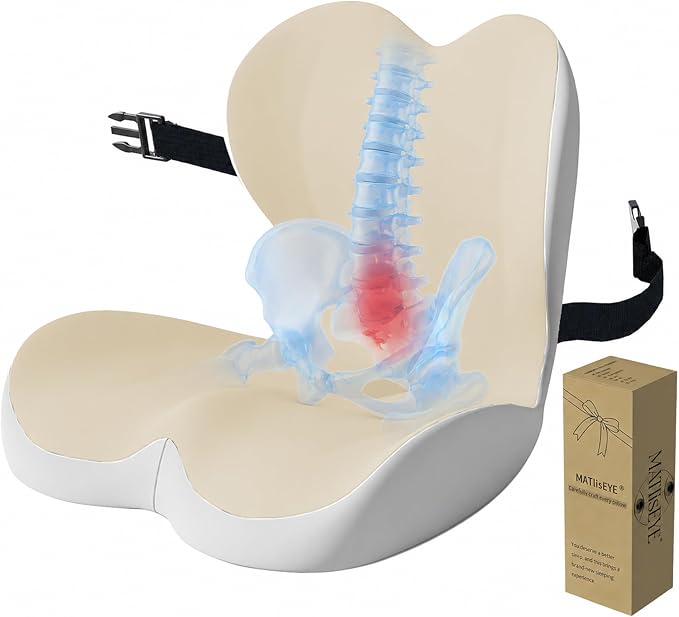 Ergonomic Memory Foam Seat Cushion with Strap for Office Chair, Beige Grey | Contoured coccyx cutout supports back and butt, with a non-slip base and washable cover for office chairs and cars.