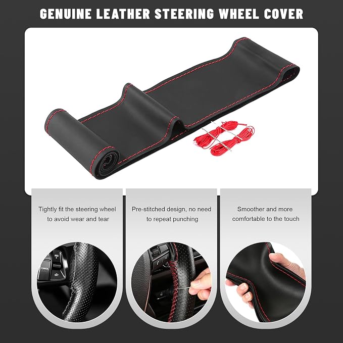 Genuine Leather Steering Wheel Cover, 15 Inch Stitch on Steering Wheel Protector with Needle & Thread, Anti-Slip DIY Sewing Wheels Wrap for Most Vehicles (Black & Red, Glossy)