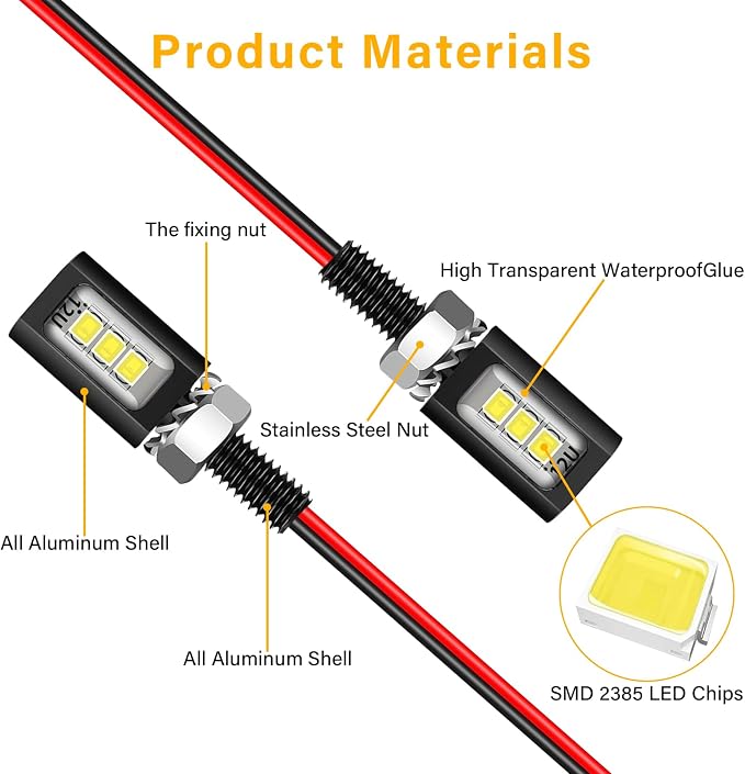 LED License Plate Light,License Tag Screw Bolt Lamp,12V White LED Bulb, Waterproof/Rainproof IP68 Aluminium Light Holder, Legal for Car Motorcycle Truck RV ATV Bike 2PCS (Black)
