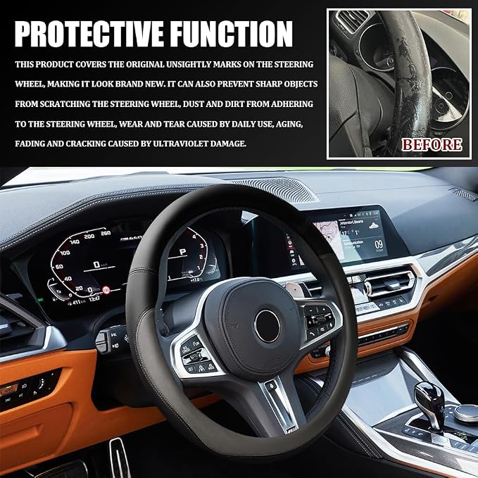 Car Steering Wheel Cover, 15 Inch Napa Leather Car Steering Wheel Protector, Slip-Resistant Elastic Steering Wheel Handle Cover, Universal Interior Accessories for Cars Trucks SUVs (Grey)