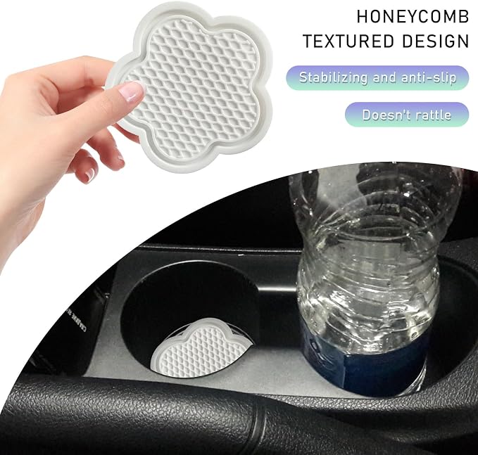 DXNQ 2 PCS Car Cup Coasters, Cute Flower Shaped Car Cup Holder Mat, PVC Waterproof Anti Slip Vehicle Cup Holder Insert Coaster, Universal Car Interior Decor Accessories (White)