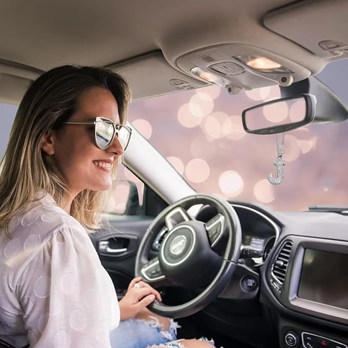 Bling Car Accessories for Women Letter Charm, Rear View Mirror Ornament Cute Hanging Crystal Pendant Girl Car Decorations, Lucky Diamond Rhinestone Girly Charm Interior (White J)