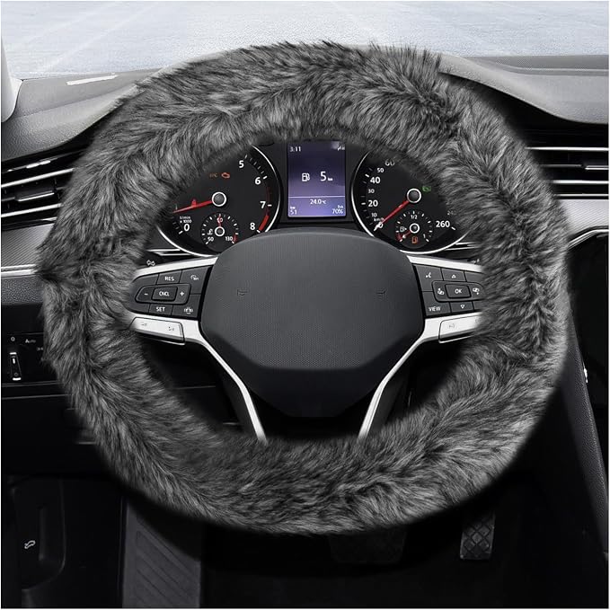 Fluffy Steering Wheel Cover, 15 Inch Anti-Slip Microfiber Plush Fuzzy Steering Wheel Cover, Winter Warm Elastic Fuzzy Steering Wheel Covers for Women and Men, Car Accessories (Gray)