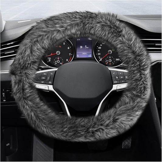 Fluffy Steering Wheel Cover, 15 Inch Anti-Slip Microfiber Plush Fuzzy Steering Wheel Cover, Winter Warm Elastic Fuzzy Steering Wheel Covers for Women and Men, Car Accessories (Gray)