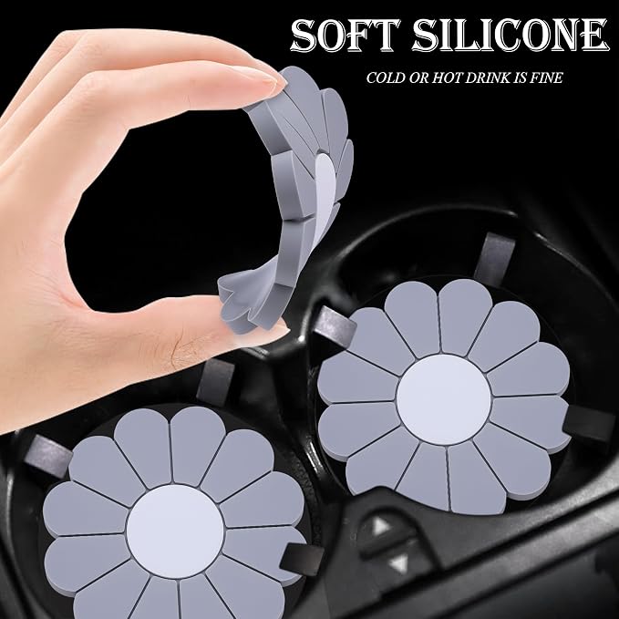 4-Pack Car Cup Holder Coaster Inserts, Daisy Shape, 2.75 Inch Non-Slip Silicone Cup Holder Insert, Universal Non-Slip Cup Holders, Car Accessories Interior for Women and Man (Gray)