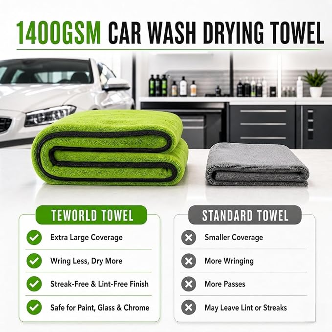 teworld® Car Drying Towel, Extra Large 48 x 24 Inch, 1400 GSM, Dual-Color | Twisted Loop Microfiber Towel for Cars - Absorbent Car Dry Towel and Car Wash Towel for Streak-Free, Paint-Safe Car Detailing