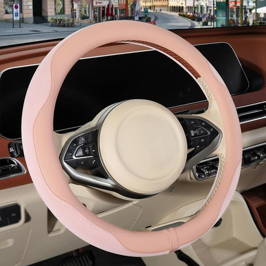 Nappa Leather Pink Steering Wheel Cover Women Large 16 inch | Non-Slip Breathable Microfiber Leather and Ice Silk Fabric, Warm in Winter and Cool in Summer, 15.5 inch to 16 inch
