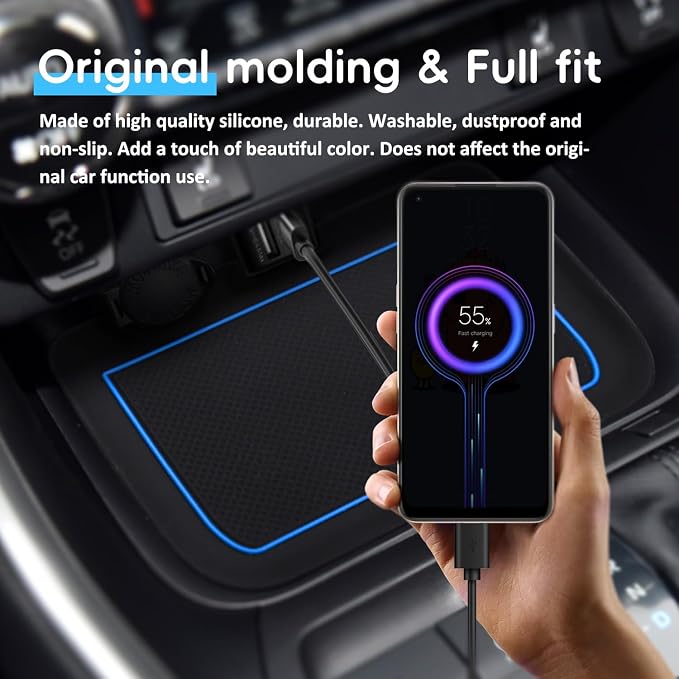 Auovo 3D Cup Holder Insert Liners Compatible with Toyota RAV4 Accessories 2025 2024 2023 2022 2021 2020 2019 Car Custom Cup Holder Mats Pads 3-pc Set (Blue Trim)