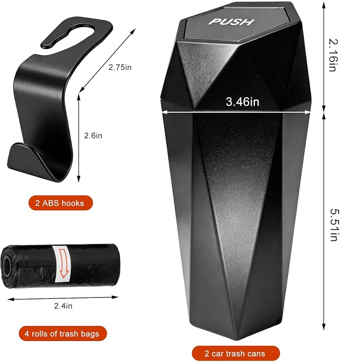2 PCS Car Trash Can with Lid, Waterproof Diamond Design Auto Cup Holder Trash Bin, Leakproof Mini Garbage Organizer for Vehicle Home Office Kitchen Bedroom, Car Accessories (Black)