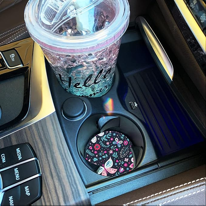 Butterfly Small 2.56" Absorbent Car Coasters 2 Pack, Auto Coasters for Cup Holders, Ceramic Car Accessories Absorb Spills to Keep Cupholders Clean