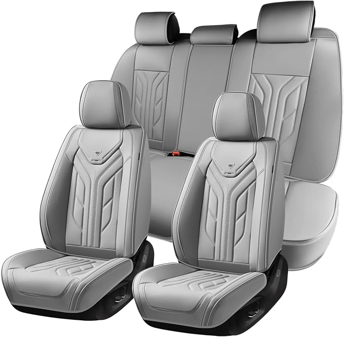 Coverado Car Seat Covers Full Set, Automotive Seat Covers Car Seat Protector Car Seat Cushion, Waterproof Leather Seat Covers for Cars, Universal Fit for Most Sedans SUV Pick-up Truck((Grey)