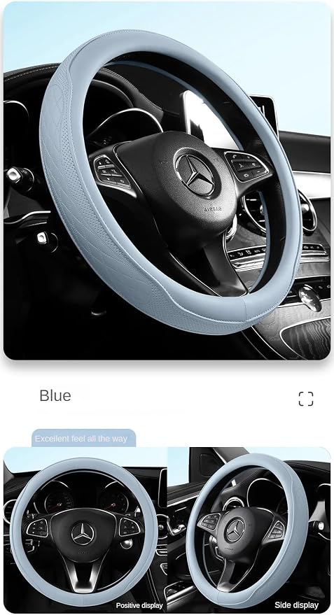 Universal Light Blue Steering Wheel Cover - Premium Perforated Leatherette & Odorless Rubber Inner Grip for Non-Slip Control and Cool Style, Easy Install for Most Cars