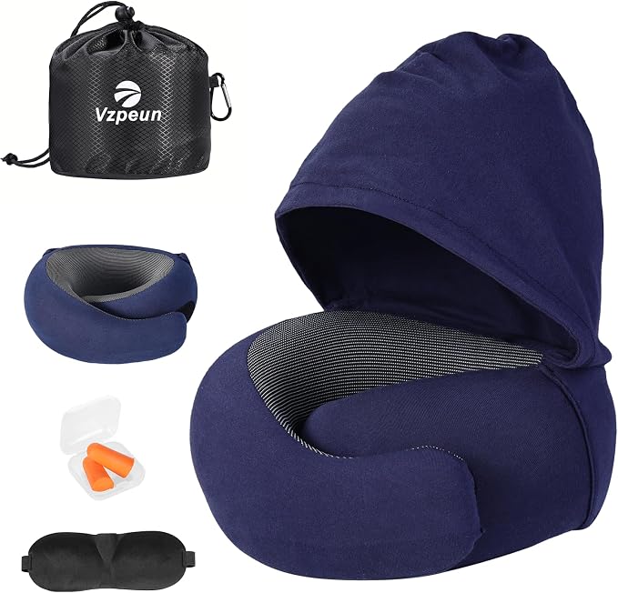 Travel Pillow - Hooded Neck Pillow Airplane Memory Foam Filling for Plane, Office, Cars Sleeping, Road Trip, Long Flights, Airplane Travel Essentials, Includes Eye Mask & Earplugs (Navy)
