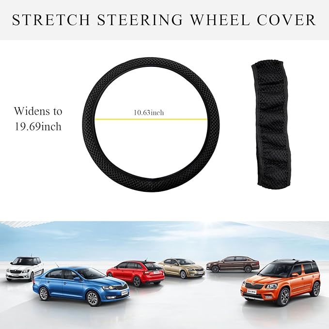 Yourkar Elastic Steering Wheel Cover, 15"×15" Comfy Breathable Stretch Steering Wheel Protector, Ice-Silk Cloth Polyester Steering Wheel Cover for Men Women, Car Accessories (Black)