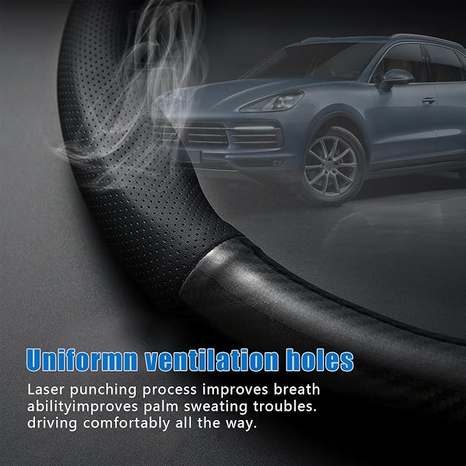 QODOLSI 1 Pack Car Breathable Steering Wheel Cover, Wear -Resistant Steering Wheel Sleeve, Carbon Fiber Non-Slip Steering Wheel Protector, Four Seasons Universal Steering Wheel Set (Black #D -Shaped)
