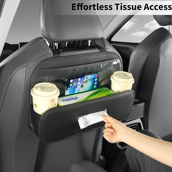 Back Seat Car Organizer with Tissue Holder and 2 Pack Cup Holders | Multifunctional Car Backseat Organizers and Storages with Transparent Bag & Hooks Universal Tissues Box for SUV Sedan Van