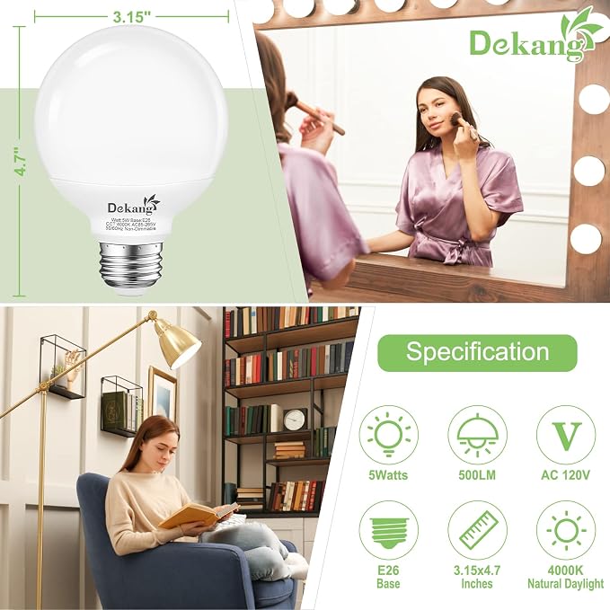 8-Pack LED Vanity Light Bulbs for Bathroom 4000K Natural Daylight, E26 Base Globe 60W Incandescent Equivalent, 5W Round Light Bulbs for Vanity Mirror, 500LM, Non-dimmable