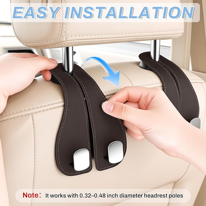 SINGARO 2PCS Car Purse Holder Hook, Seat Back Storage Hook, Leather-Wrapped Alloy Double Headrest Hook for Purses & Bags, Cute Car Interior Accessories for Women and Men, Brown