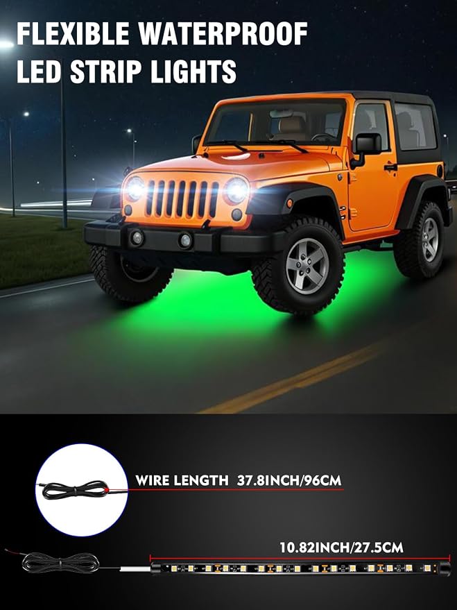 Car Led Light Strip IP67 Waterproof Flexible 11inch 8Pcs - Green | 12V Footwell & Underglow Lights, Interior & Exterior Decoration, Fits SUVs, Trucks, Motorcycles, Boats, Golf Carts