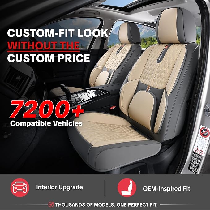 Khaki Car Seat Cover Complete Set, Universal Car Seat Cover for Car with Lumbar Support, Premium Artificial Leather, Waterproof and Easy to Clean, Airbag Compatible, Seat Heating Compatible
