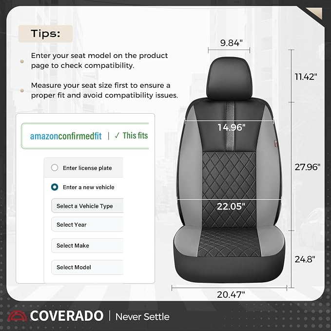 Coverado Car Seat Covers Front Pair, Automotive Leather Seat Covers for Car，Universal Fit Front Back Seat Cover, Non-Slip Waterproof Breathable Car Seat Protector