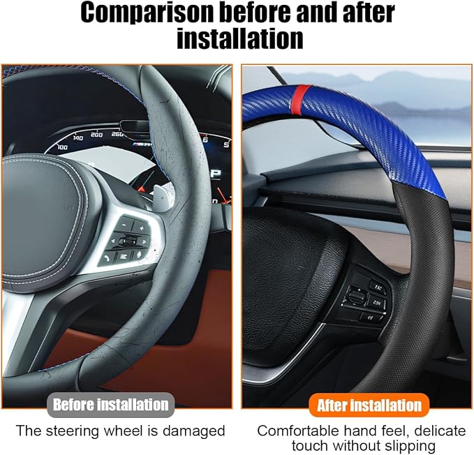Carbon Fiber Car Steering Wheel Cover, Leather Breathable Automotive Wheel Protector, 15 Inch Anti-Slip Vehicle Interior Steering Accessories, Universal for SUV Truck Sedan (Blue)