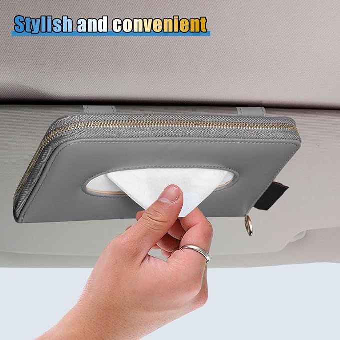 Car Tissue Holder, Car Sun Visor Tissue Box Holder, Car Backseat Paper Carton, Leather Car Tissue Napkin Case, Universal Car Hanging Paper Towel Clip for SUV, RV, Truck (Grey)