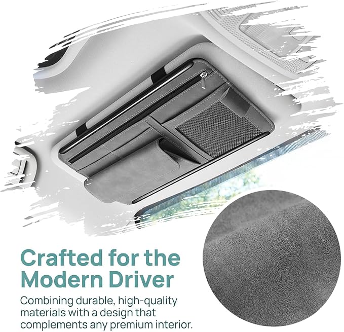Car Sun Visor Organizer, Multi-Pocket Vehicle Sun Visor Storage Pouch with Sunglasses Box, Auto Interior Sunshade Eyeglasses Card Holder Organizers, Universal for SUV Sedan Truck (Gray)
