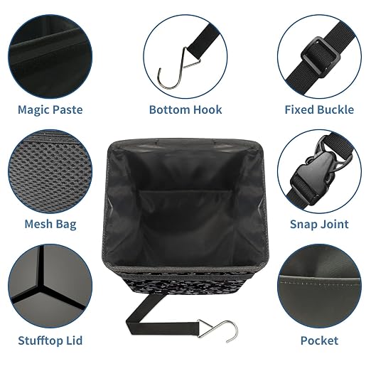 Car Trash Can with Lid Black Gray Bats Collapsible Reusable Leak-Proof Auto Garage Bag,Hanging Vehicle Car Accessories Interior Car Organizer