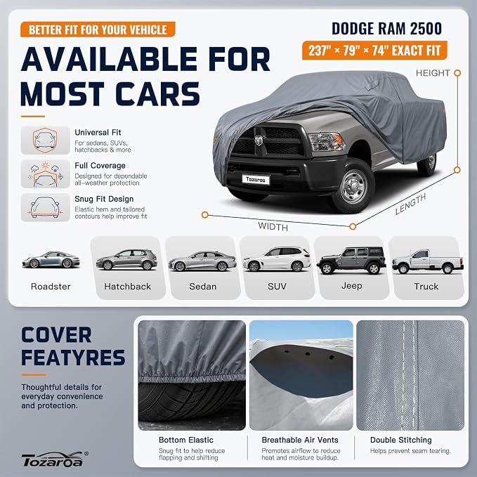 Truck Cover Waterproof All-Weather,Outdoor Full Exterior Pickup Covers(Length 243-250 inch) with Windshield Sun Shade Universal Fit Ford F-Series, Tundra, RAM 1500 etc,Size T6 (See SizeChart)