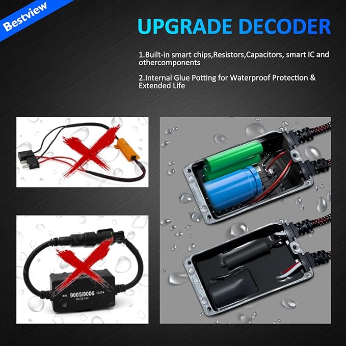 9005/9006/H10/HB4 LED Light Canbus Decoder Upgrade with Waterproof Rubber Ring: Anti Flicker Harness, Resistor Decoders Error Free, LED Warning Canceller Resistor Adapter, Pack of 2