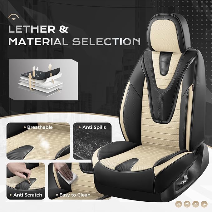 Coverado Car Seat Covers Front Seats, 2 Pack Waterproof Leather Front Seat Covers, Universal Fit for Cars SUVs Sedans,Black Beige