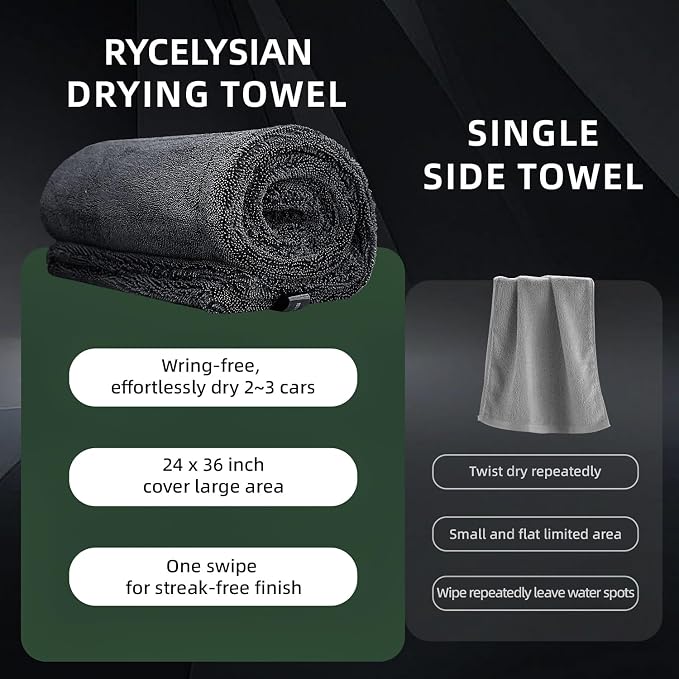 2 Pack 1500GSM Microfiber Drying Towel for Car 24"x36" & 11.8"x11.8"(Grey) | Ultra Absorbent Streak-Free Lint Free Twisted-Loop Cleaning Cloth for Cars Motorcycles Windows Kitchen