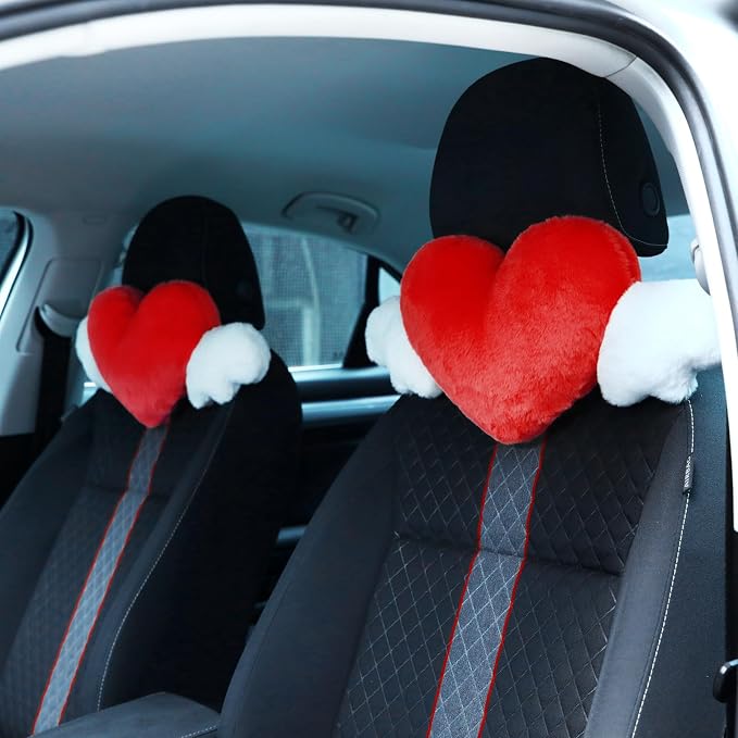 Macarrie 2 Pcs Plush Heart Shaped Pillow with Angel Wings Car Headrest Soft Comfortable Seat Pillow for Driving Travelling Room Office Car Decor, 19.7 x 8.3 Inch(Red)