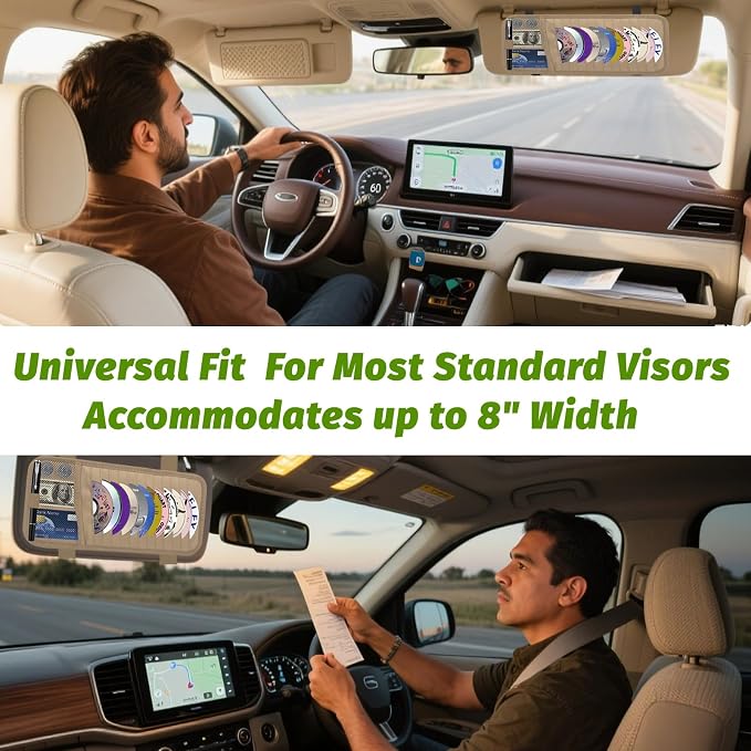 Car CD & DVD Holder - Large Capacity CD Visor Case, Vehicle Visor Storage Organizer with 12 Disc Sleeves, 1 Mesh Pocket 1 Pen Holder and & Elastic Band (Khaki)